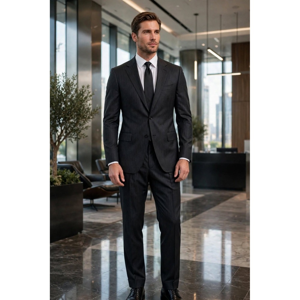 Ralph Lauren Mens Suit 44R/38R Dark Charcoal Pinstripe Blazer Pleated Pants Set